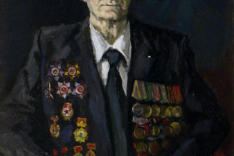 Борис Александрович Маслов – гвардии-майор в отставке, командир дивизиона гвардейских минометов «Катюш», оставил надпись на Рейхстаге: «Майор Маслов из Вологды». 1995. Холст, масло. 100х80. ВОКГ